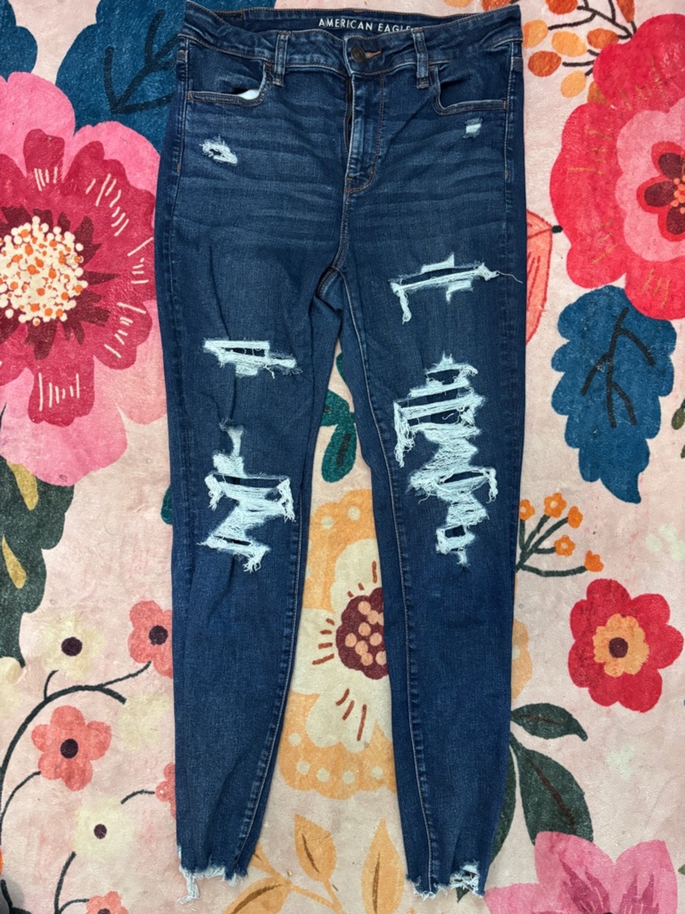 American Eagle Outfitters Dark Indigo Distressed Skinny Jeans - 14 Long